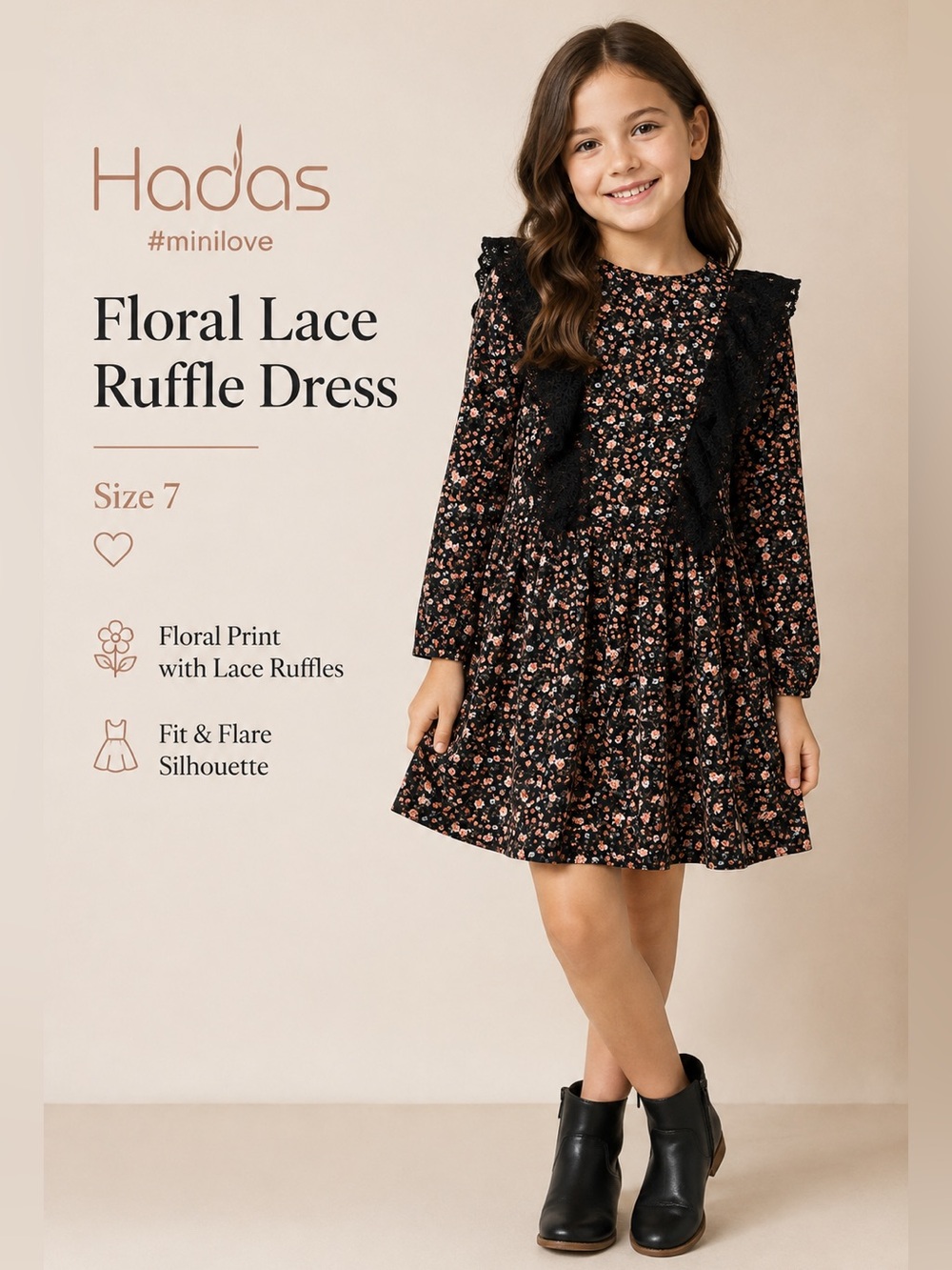 Floral Lace Ruffle Dress for Kids - Black Floral